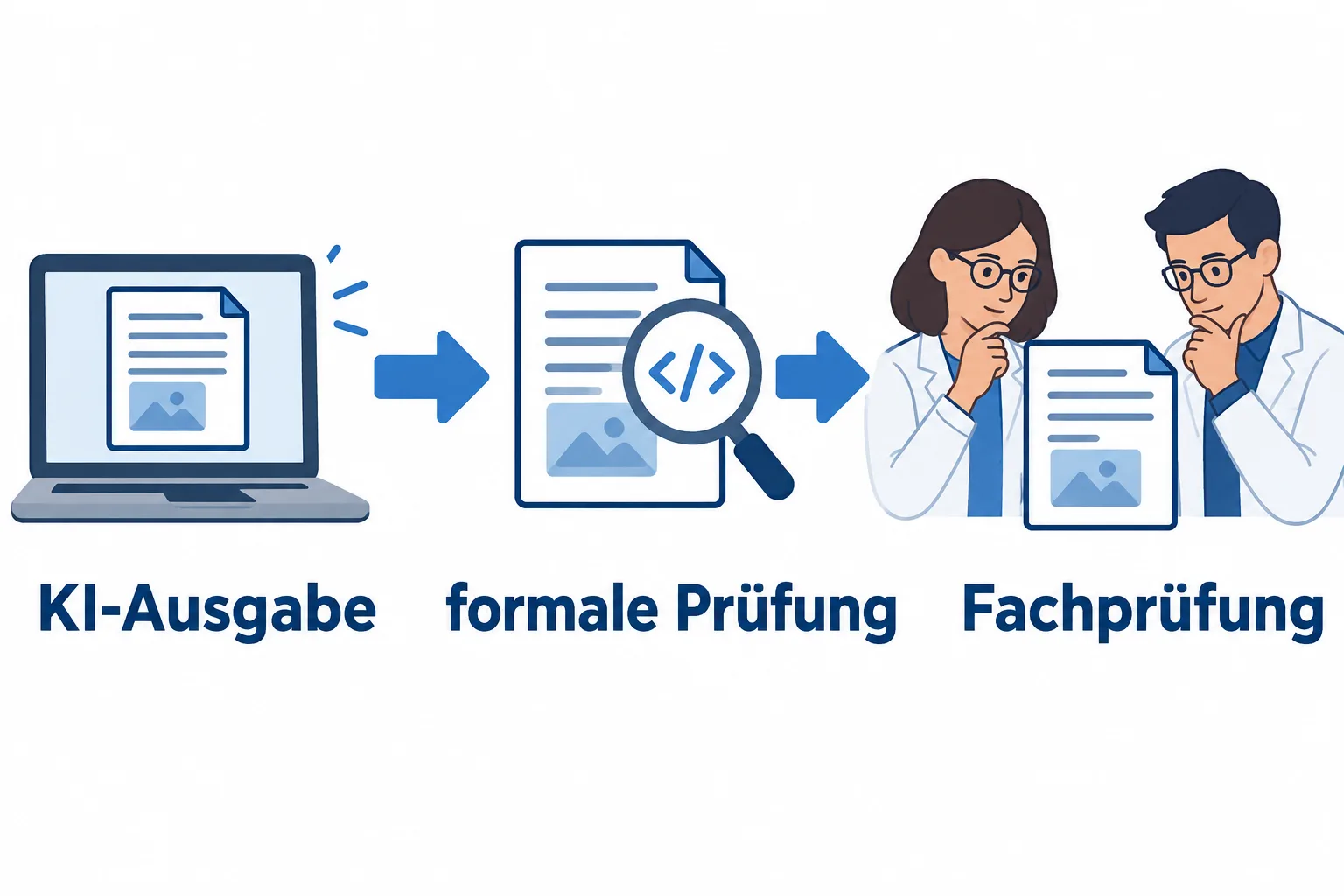 Schematischer Weg von einer KI-Ausgabe über formale Prüfung zur Fachprüfung