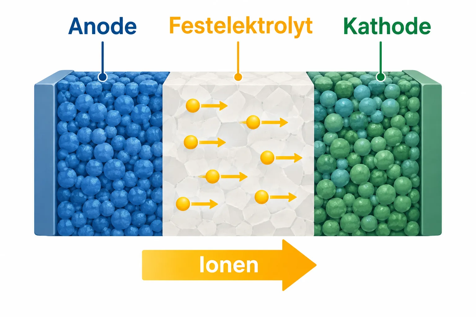 Schematische Batteriezelle mit Anode, festem Elektrolyten und Kathode; Pfeile zeigen Ionen beim Entladen.