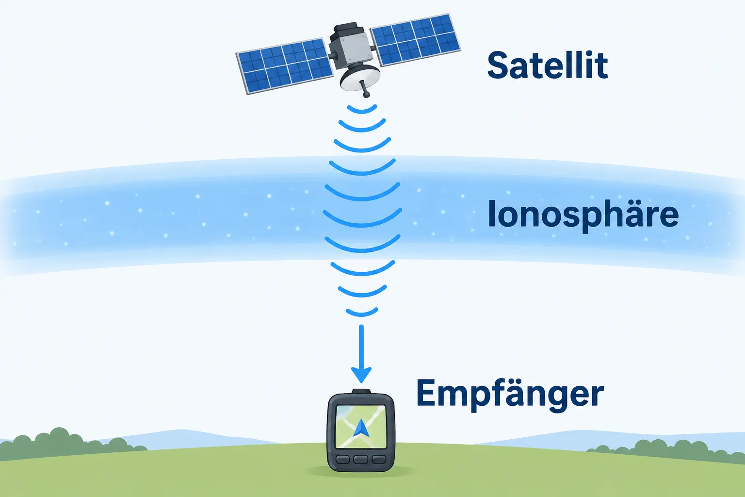 Schematischer Weg eines Satellitensignals durch die Ionosphäre zu einem Navigationsgerät