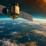 Symbolische Darstellung eines Satelliten über der Erdatmosphäre