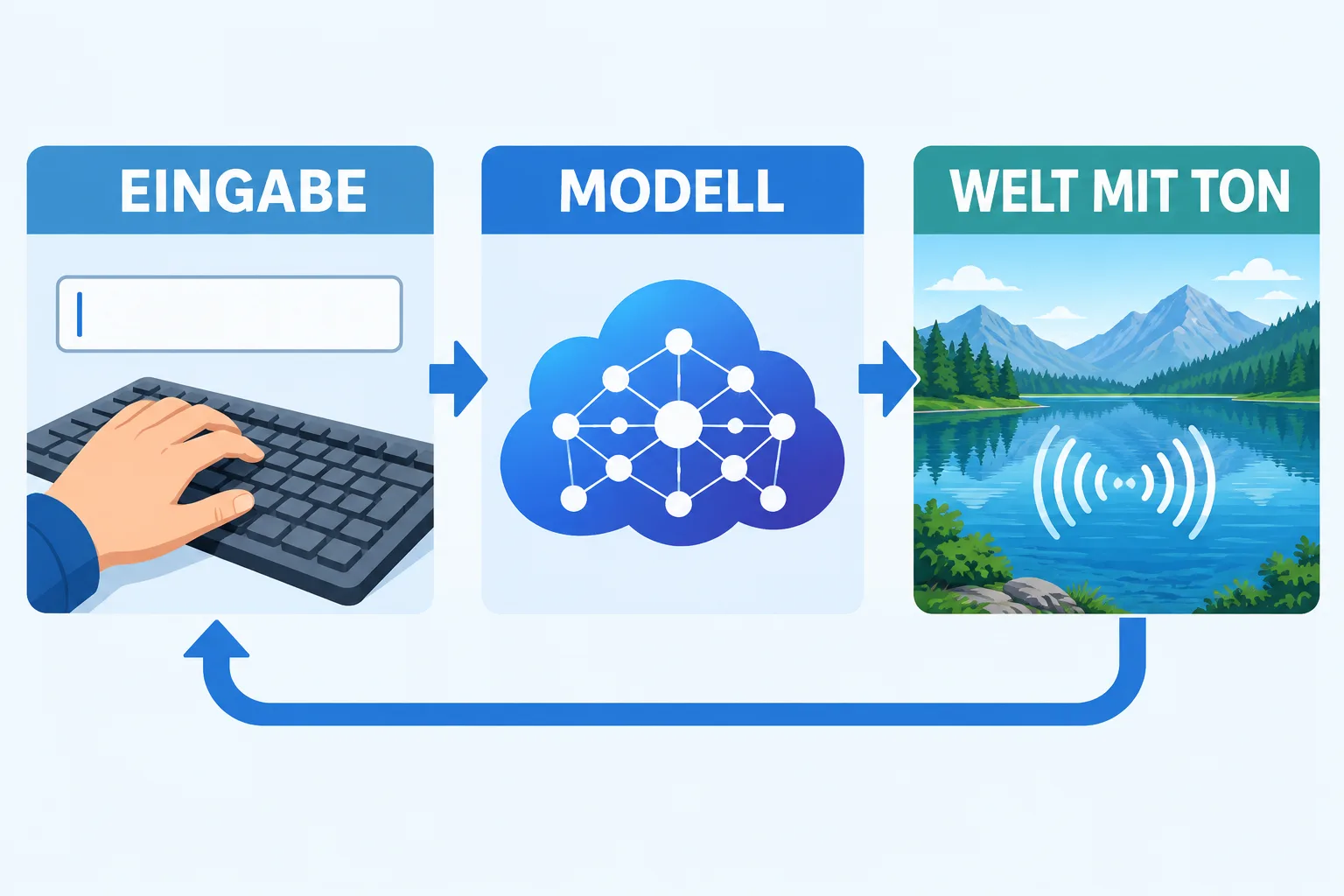 Schema von Eingabe über KI-Modell zu einer simulierten Welt mit Ton und Rückkopplung