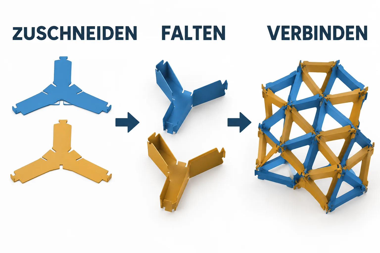 Prinzipdarstellung von flachen Blechzuschnitten über gefaltete Module zu einem verbundenen Gitter
