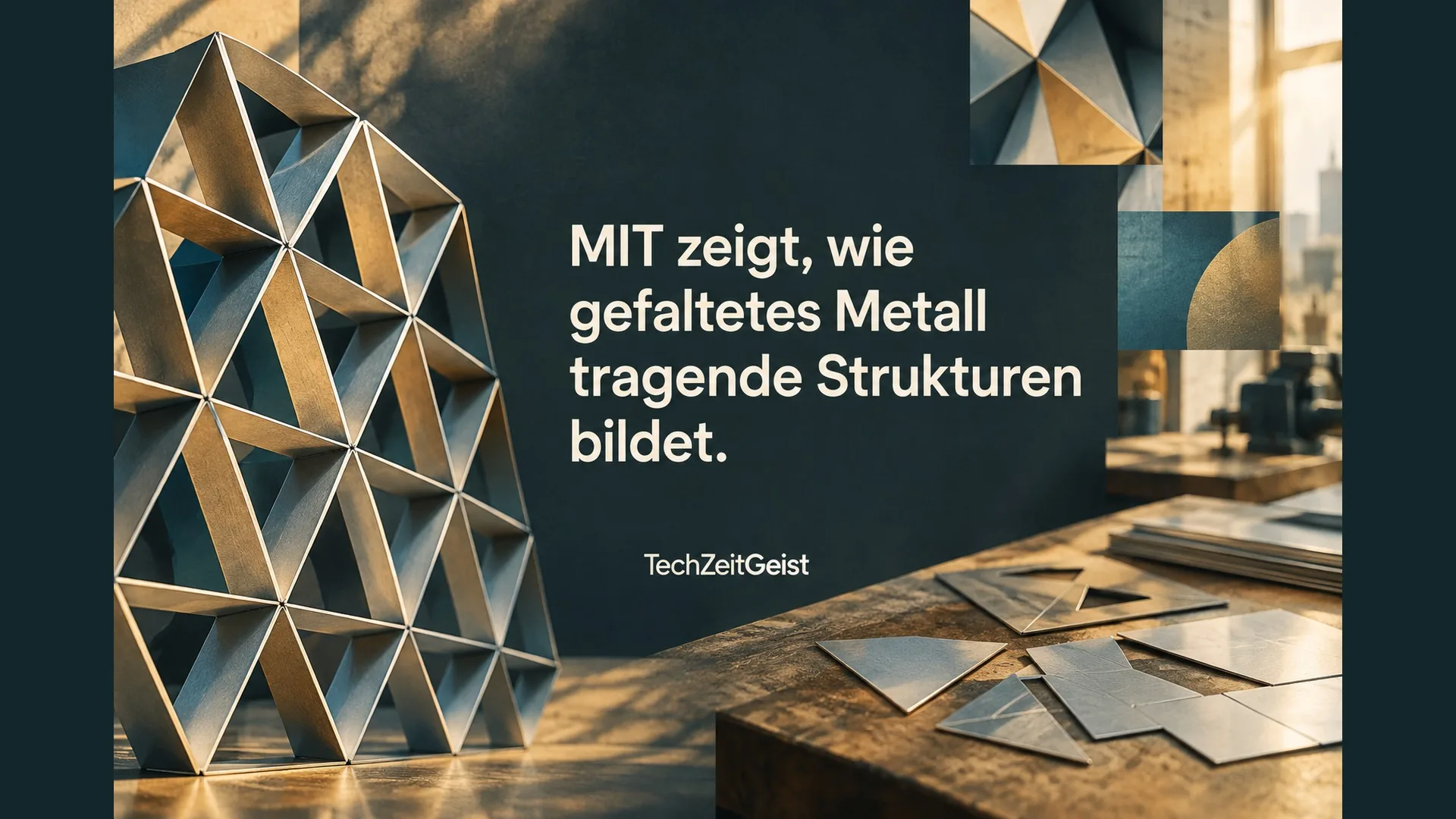 Gefaltete Metallstruktur mit der Artikelüberschrift