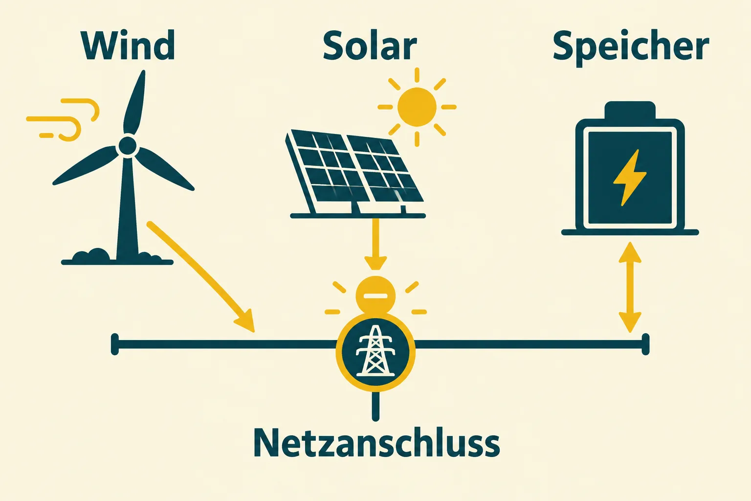 Schematische gemeinsame Verbindung von Wind, Solar und Speicher mit einem begrenzten Netzanschluss