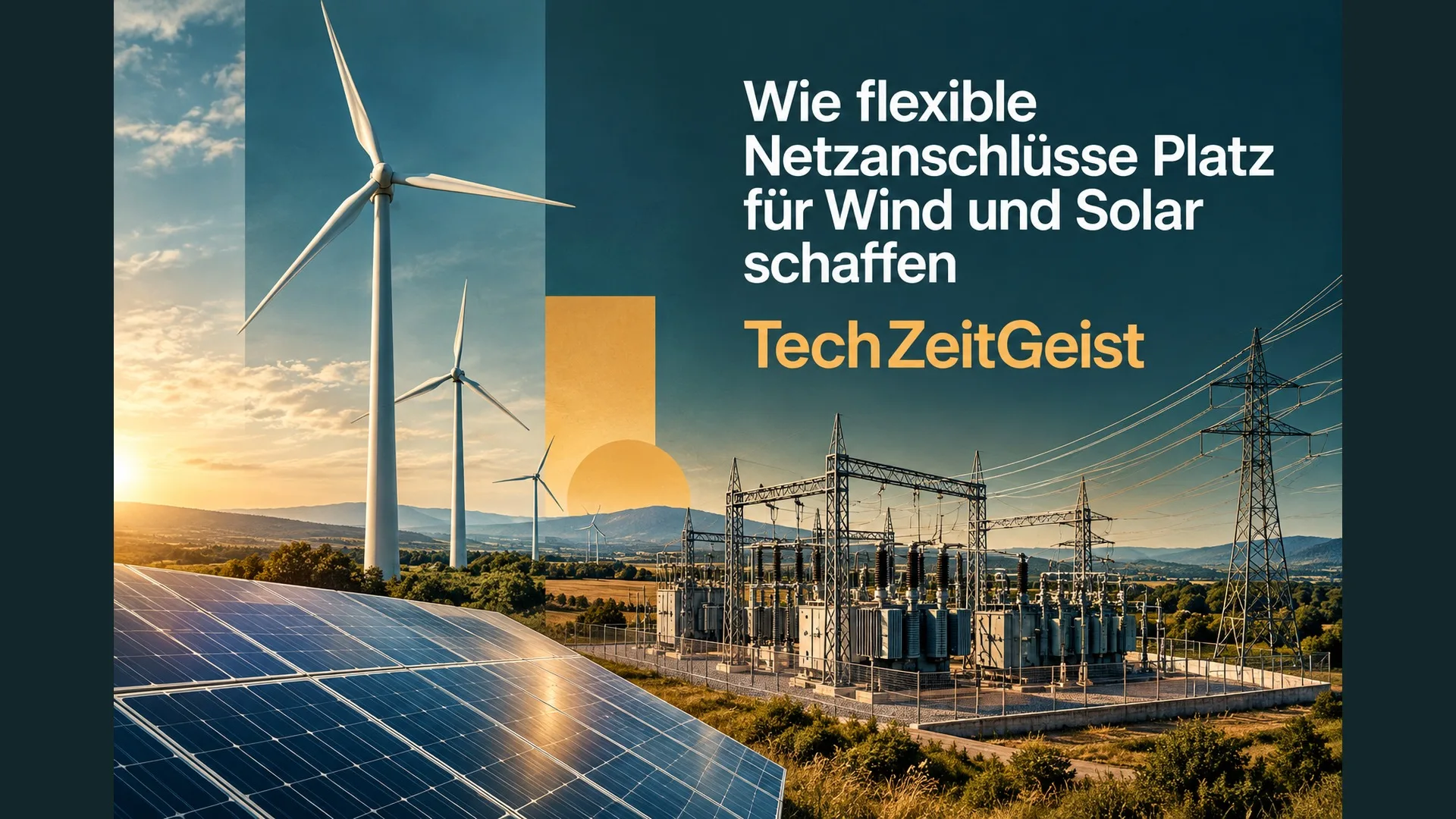 Windräder, Solaranlage und Umspannwerk mit Artikelüberschrift