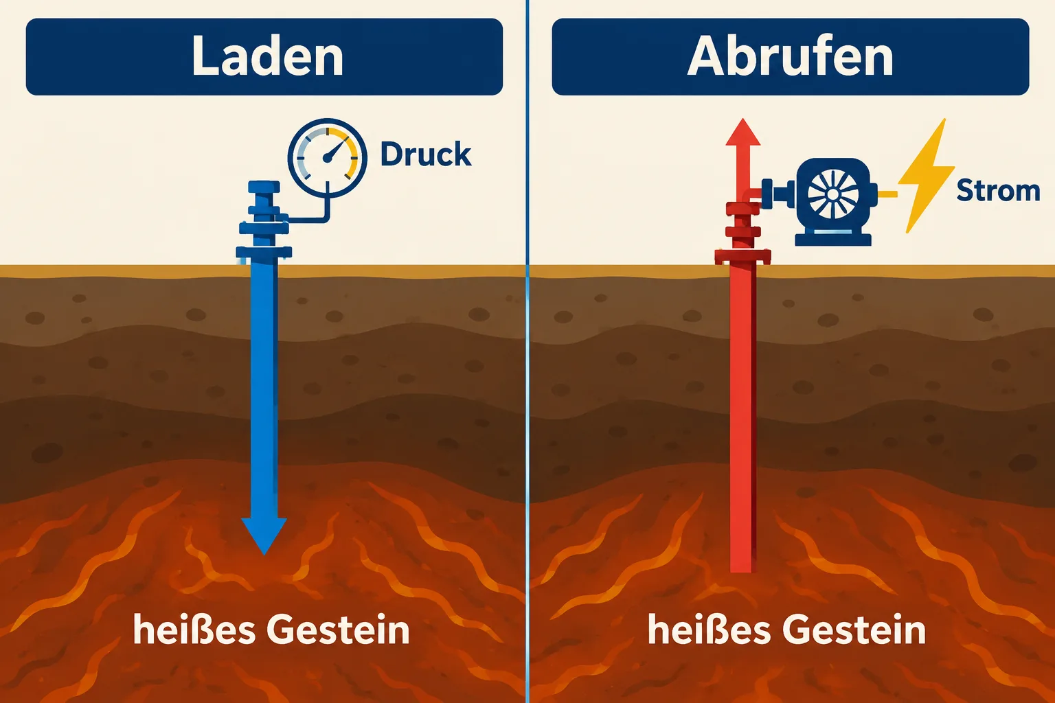 Schematische Gegenüberstellung von Druckaufbau und späterem Abruf in einem Geothermiereservoir