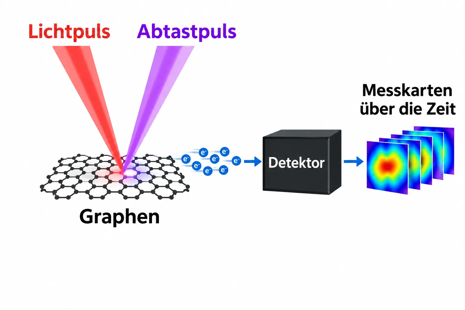 Schema zweier Lichtpulse auf Graphen und eines Detektors mit zeitlich gestaffelten Messkarten
