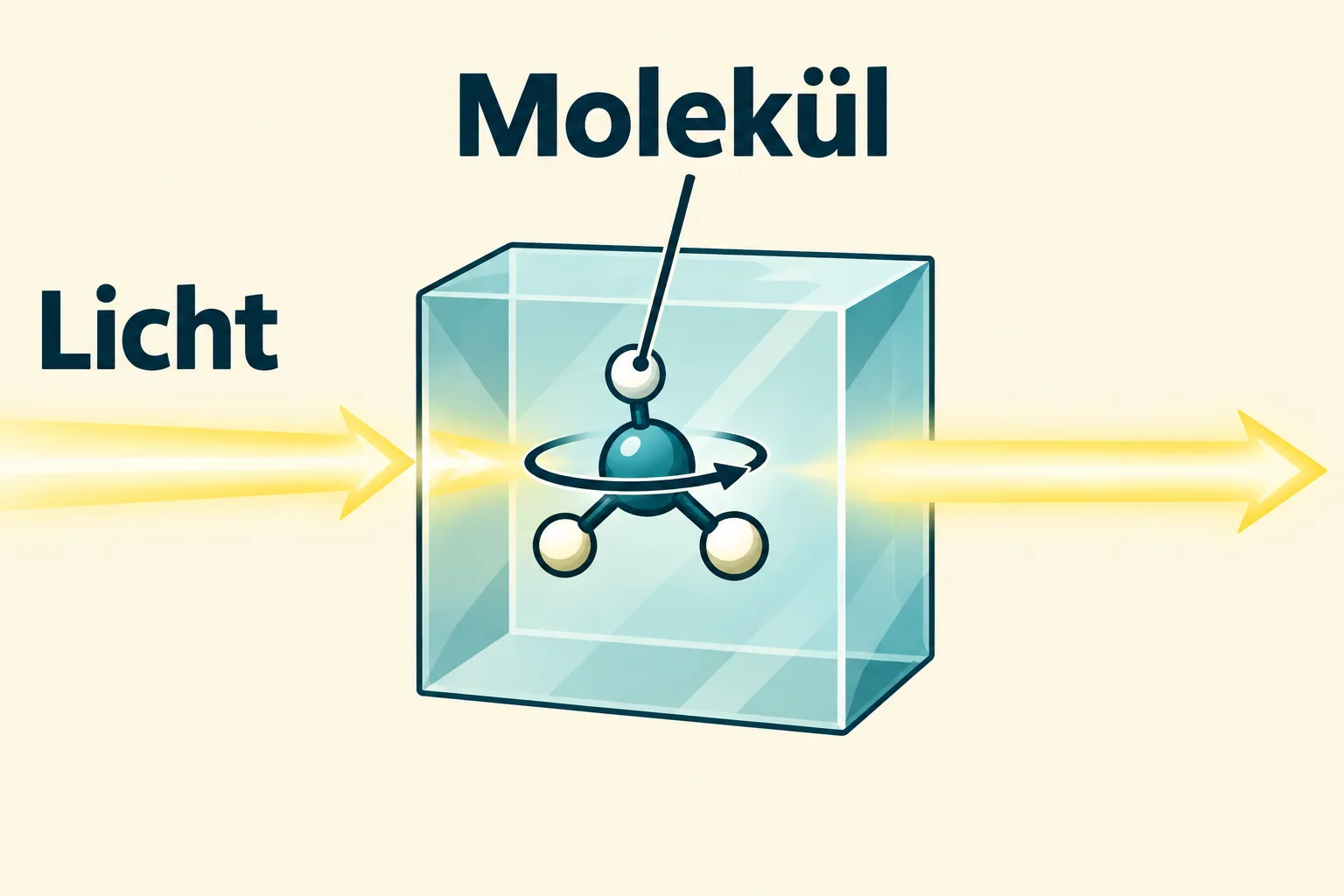 Schematisches Molekül in einem Kristall mit einfallendem und ausgesandtem Licht