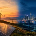 Solarpark und Windräder vor einer Stadt bei Tag und Nacht.