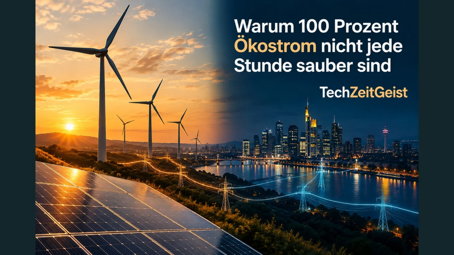 Solarpark, Windräder und Stadt mit Artikelüberschrift.