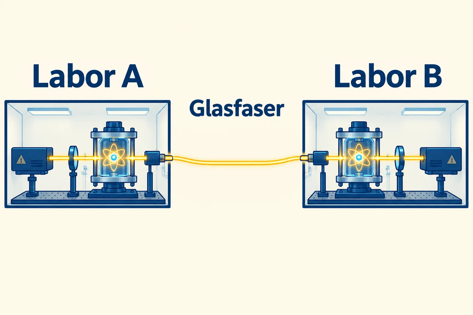 Zwei Laboruhren sind schematisch durch eine Glasfaser zum Frequenzvergleich verbunden