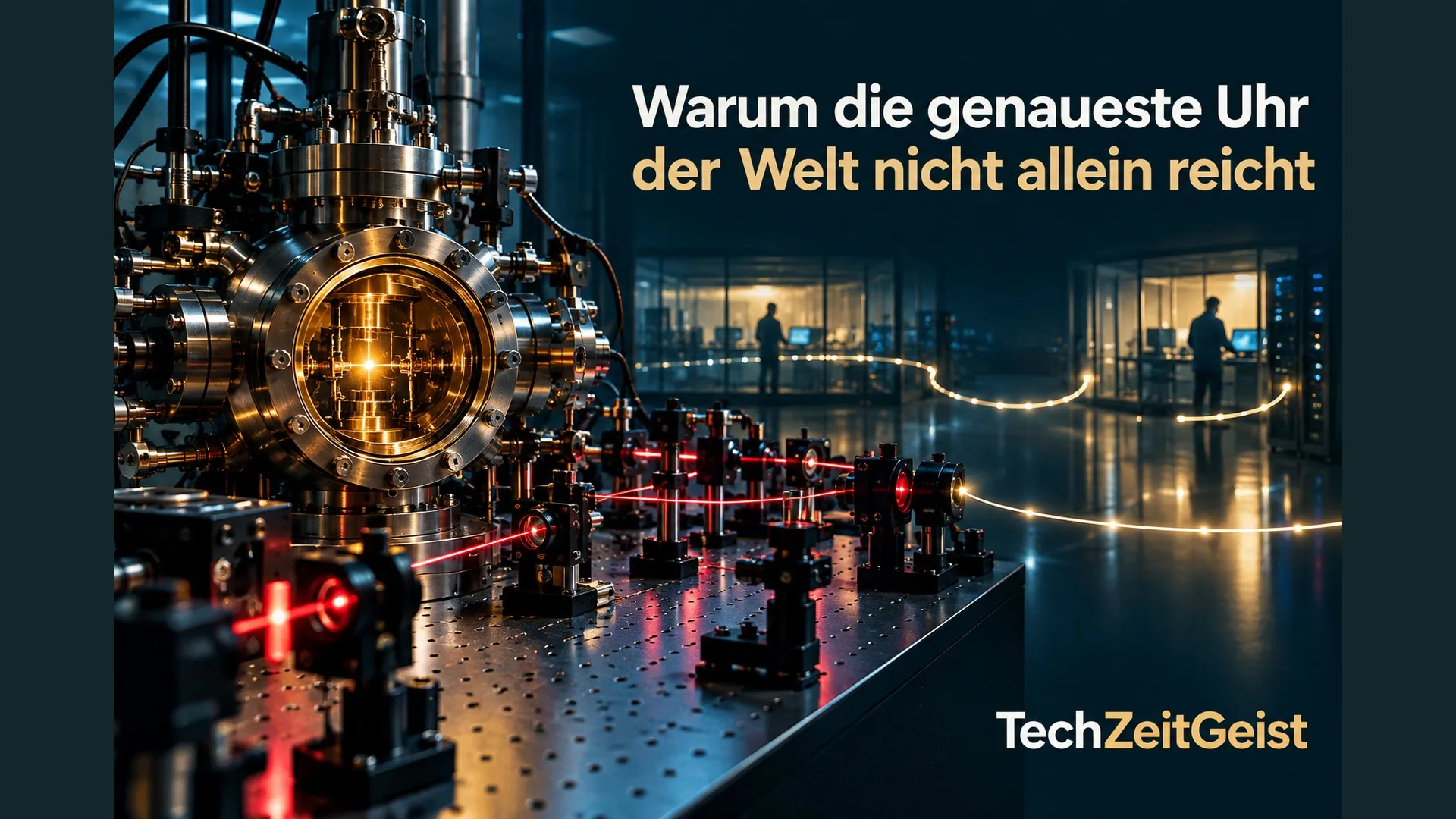 Optische Atomuhr im Labor und Artikelüberschrift.