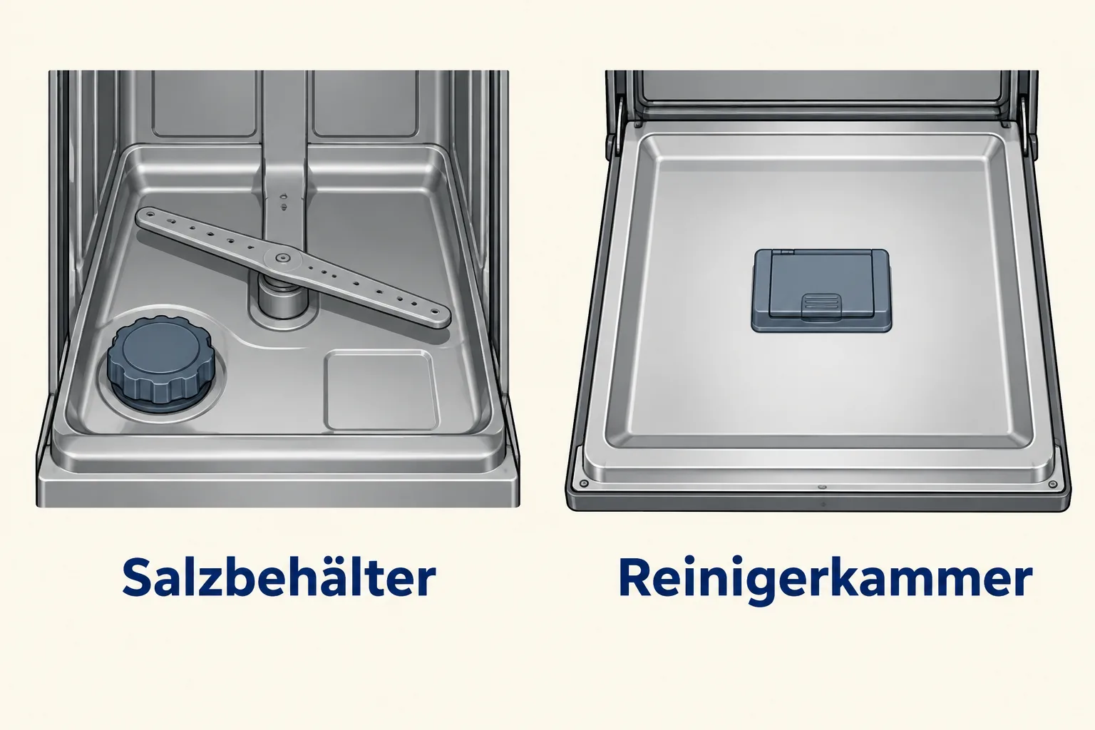 Schematische Spülmaschine mit getrenntem Salzbehälter im Boden und Reinigerkammer in der Tür