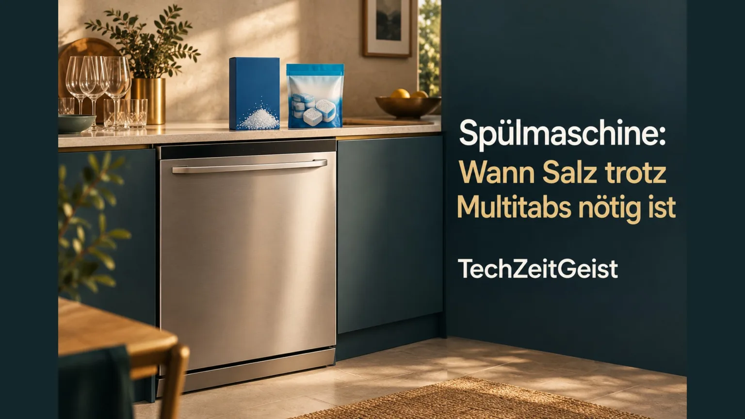 Geschlossene Spülmaschine mit Salz, Tabs und Artikelüberschrift.
