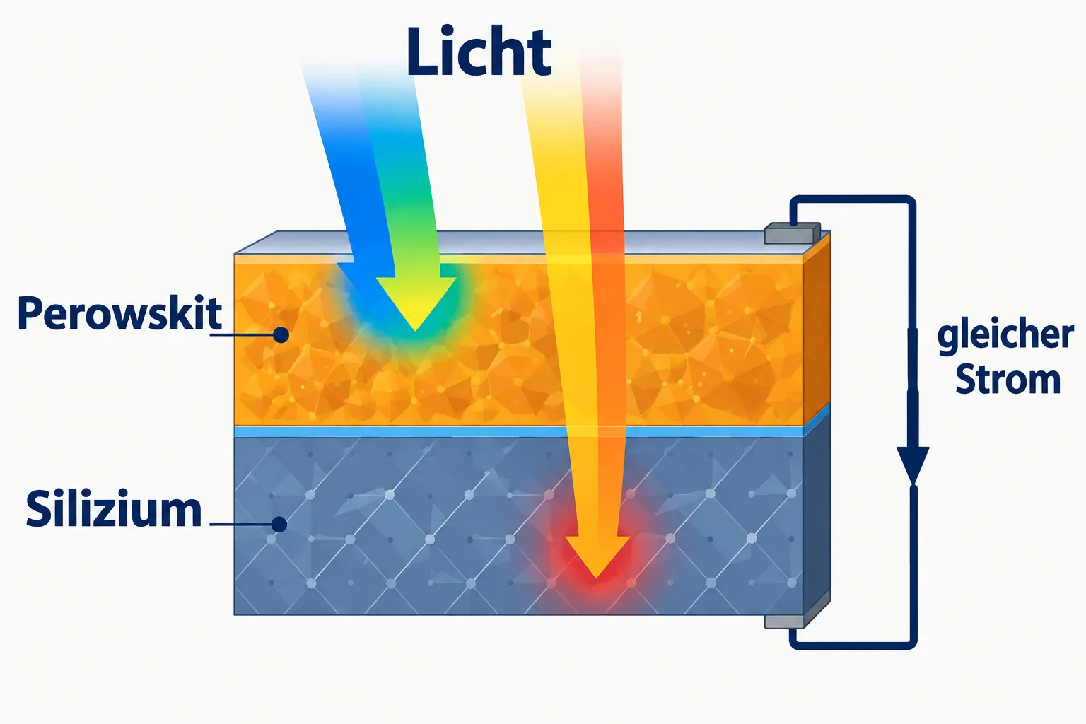 Schematischer Querschnitt einer Tandemzelle mit Perowskit oben, Silizium unten und gemeinsamem Stromkreis