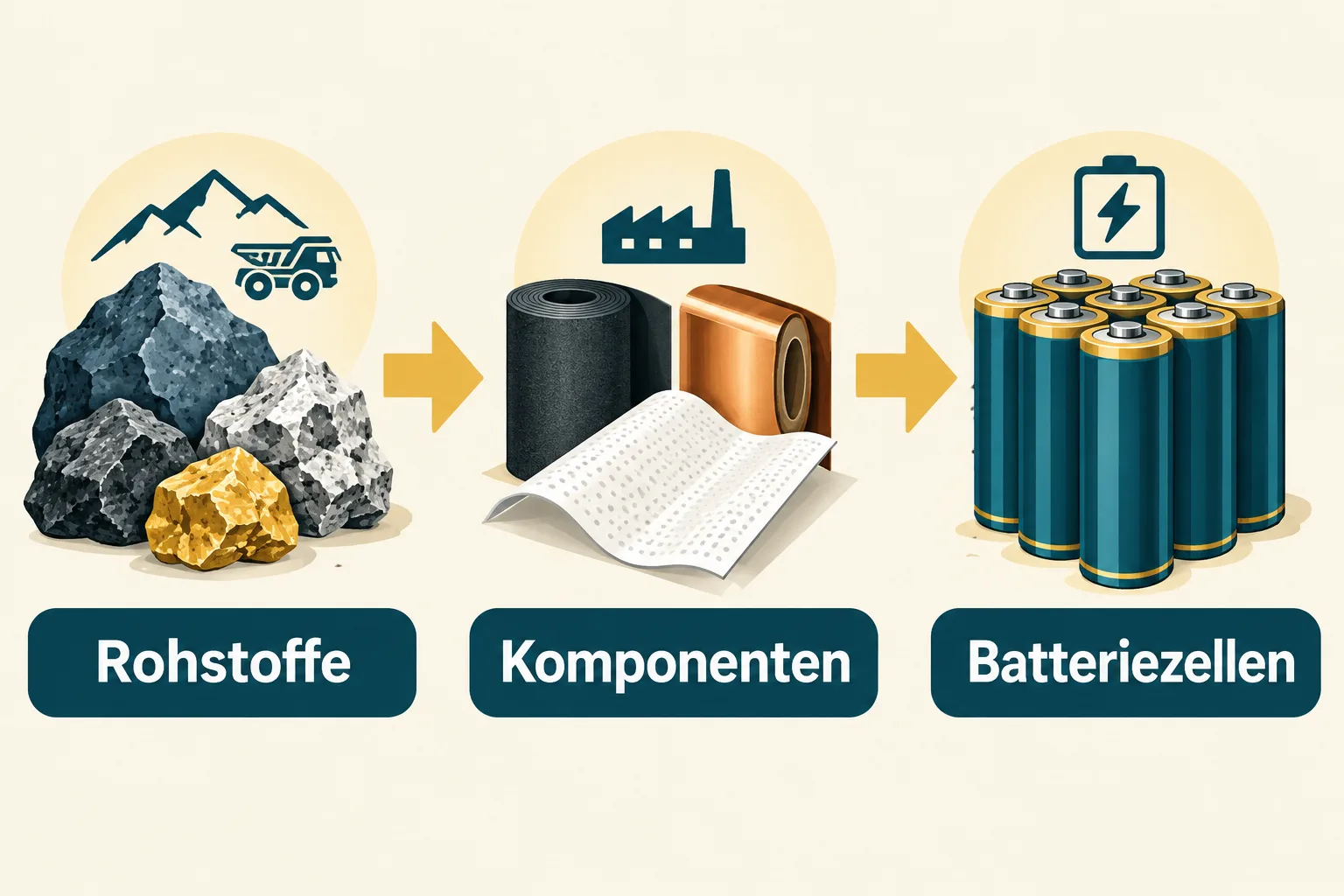 Schematische Lieferkette von Rohstoffen über Batteriekomponenten bis zu Batteriezellen