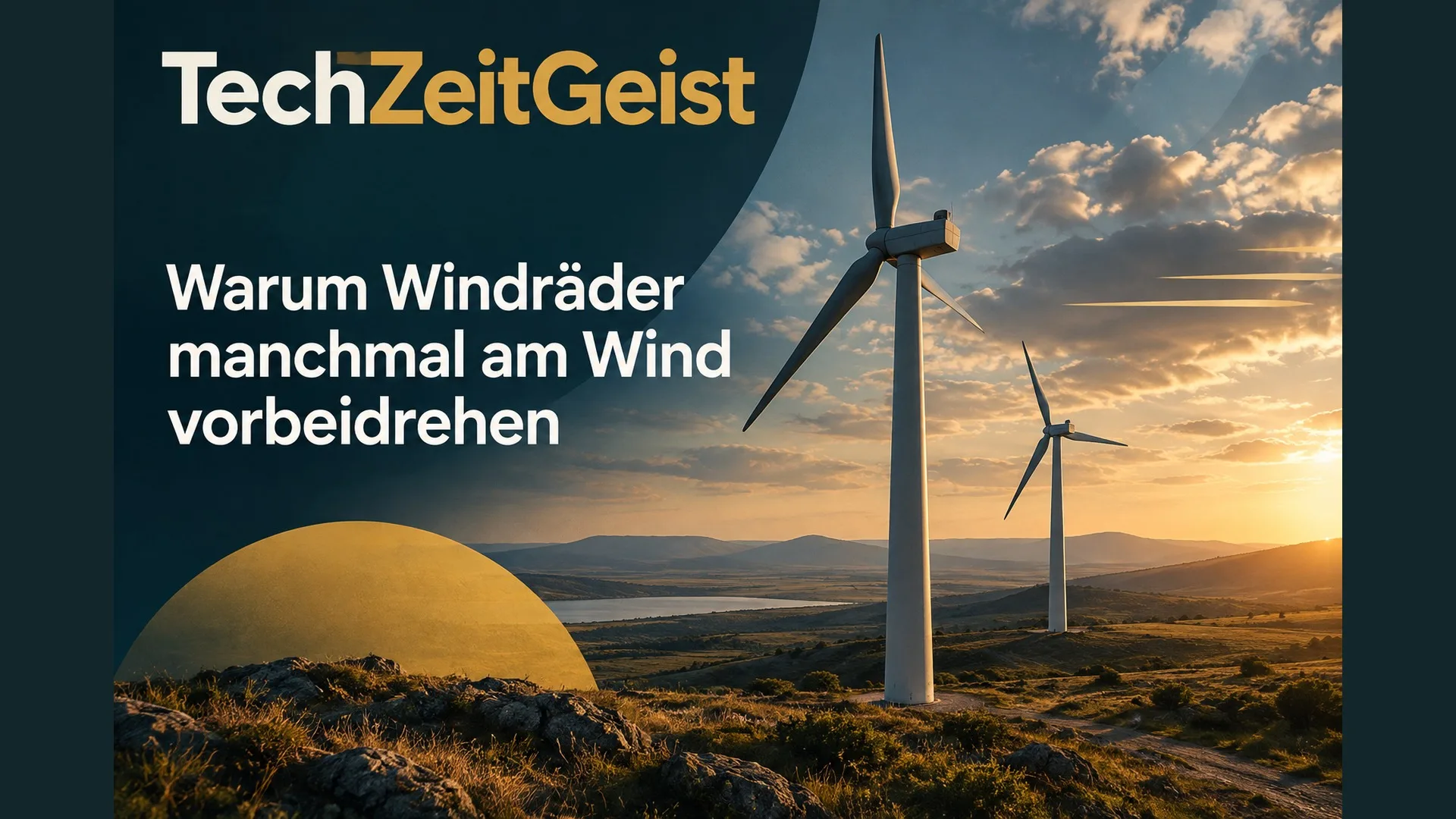 Windräder in einer Landschaft mit Artikelüberschrift