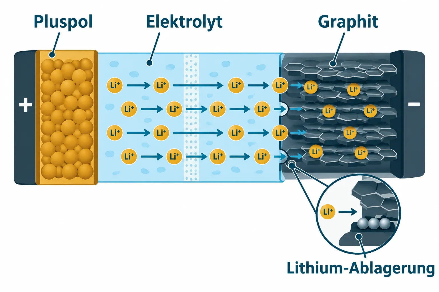 Schematischer Weg von Lithiumionen durch den Elektrolyten in Graphit und eine mögliche Ablagerung an der Oberfläche