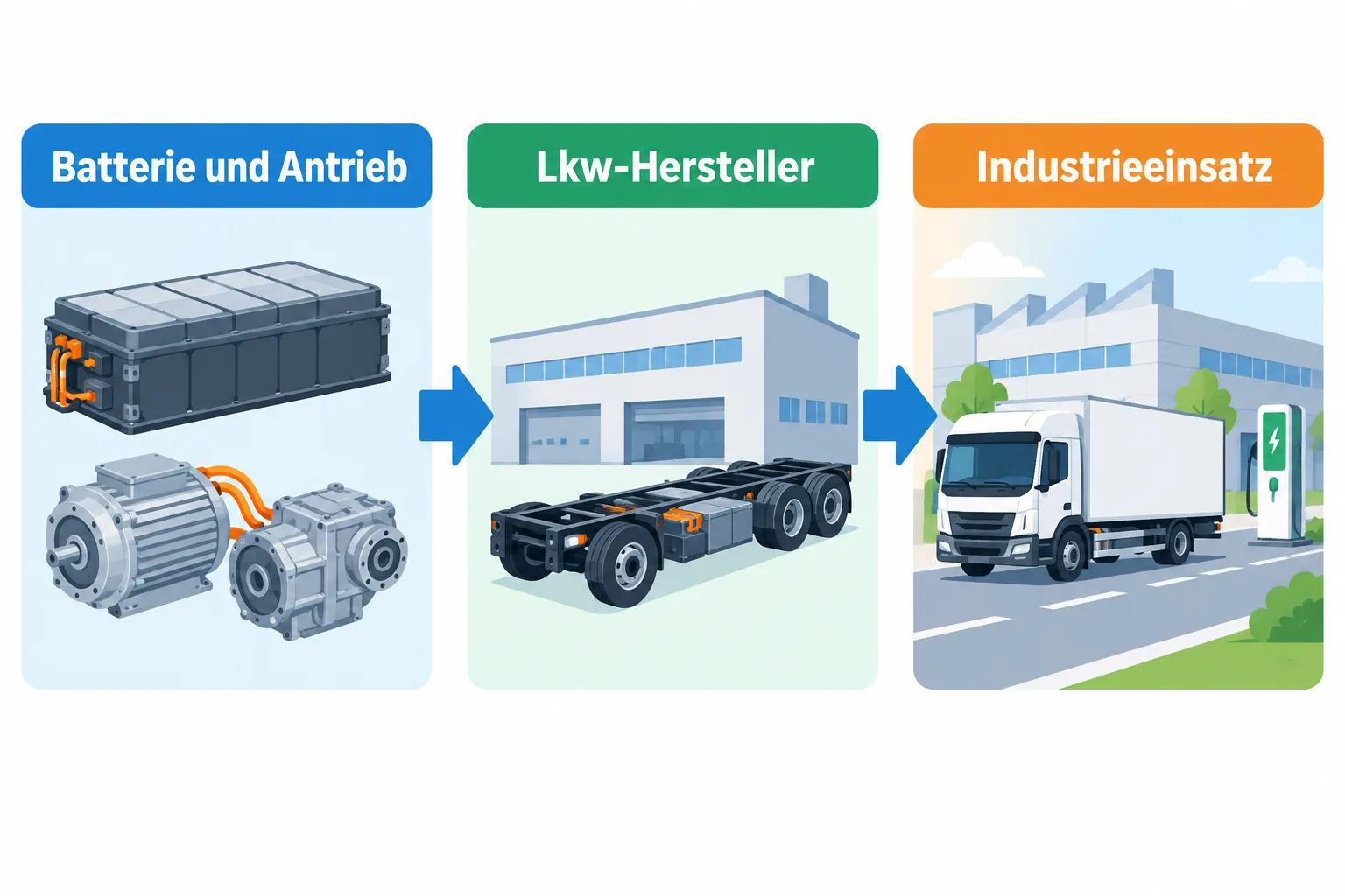Schema von Batterie und Antrieb über den Lkw-Hersteller bis zum industriellen Einsatz