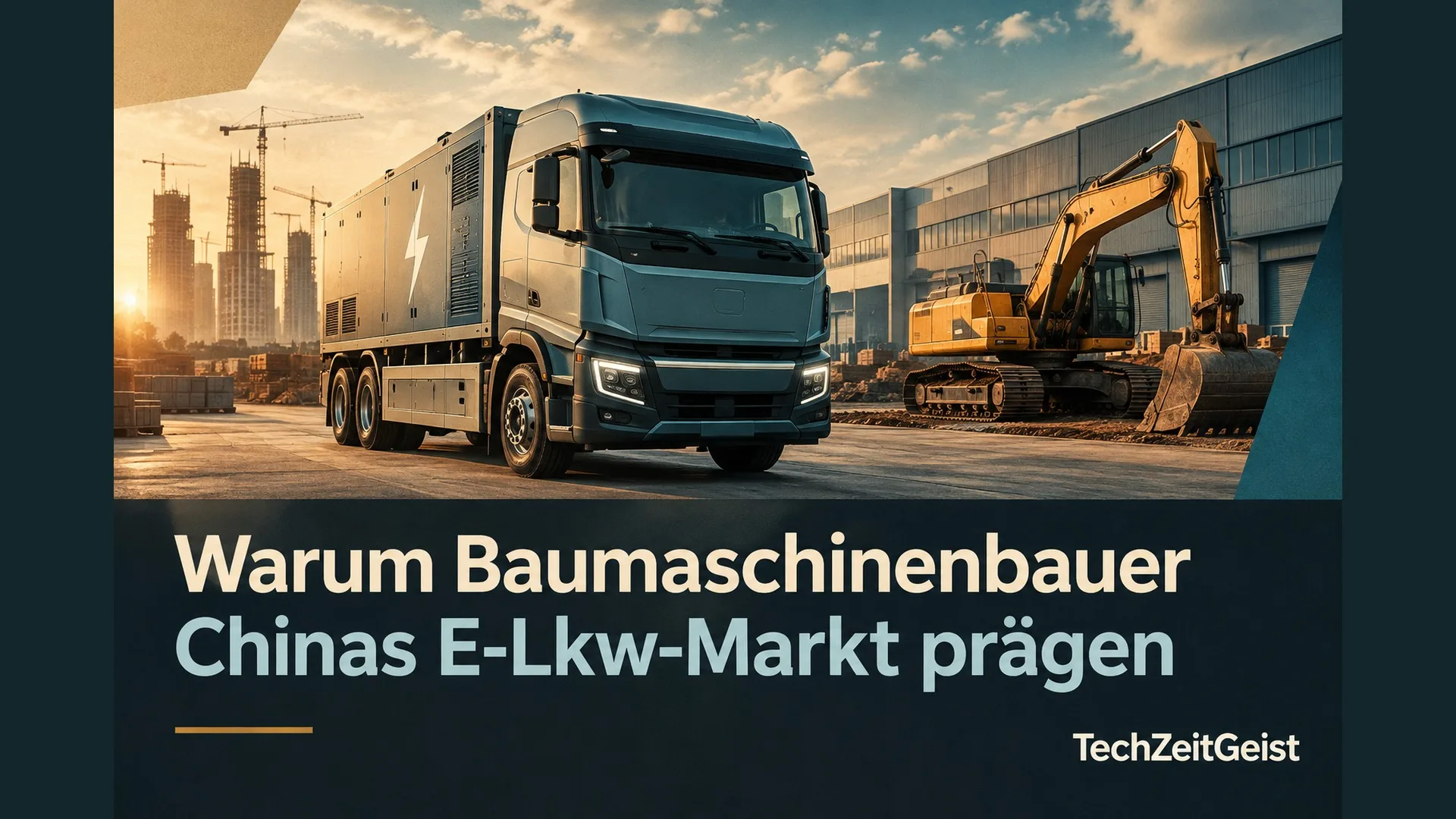 Lastwagen und Baumaschine mit Artikelüberschrift