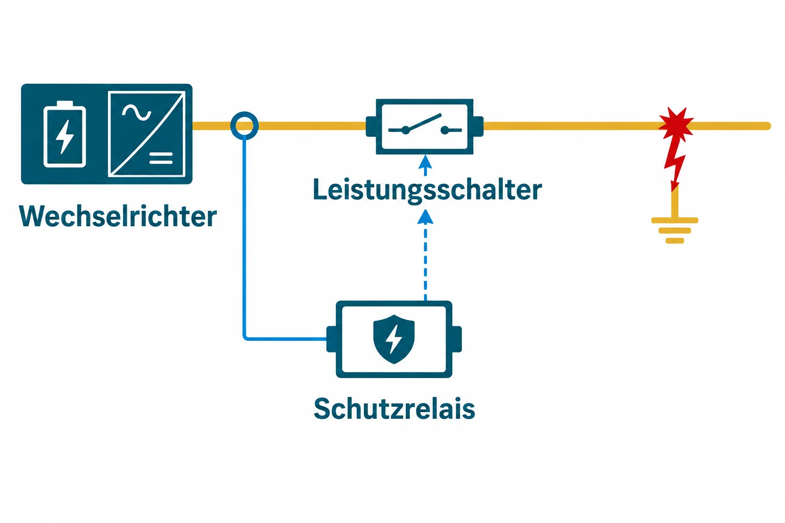 Wechselrichter speist eine Leitung; ein Schutzrelais misst und steuert einen Schalter vor einer Fehlerstelle.