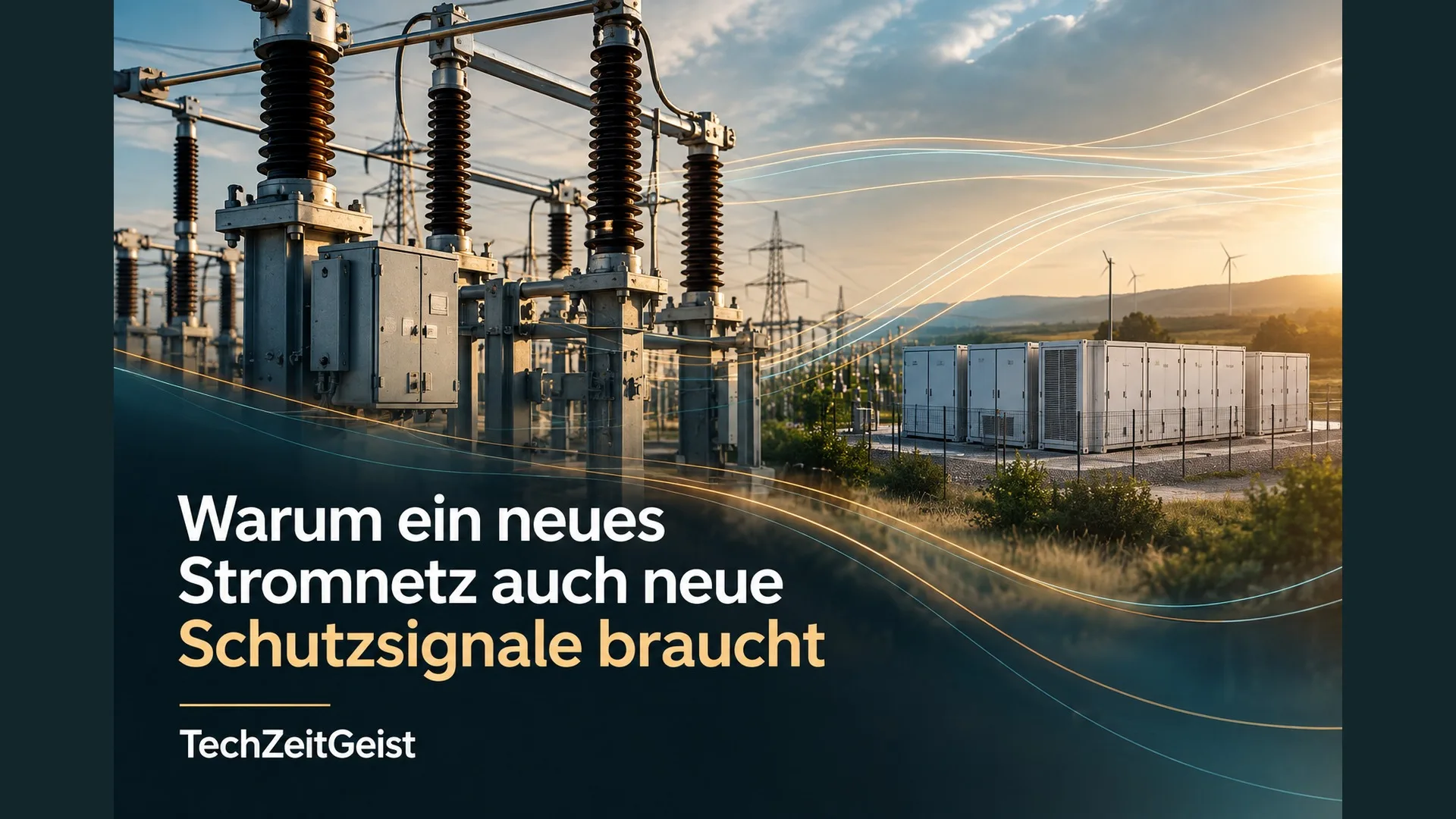 Umspannstation und Batteriespeicher mit Artikelüberschrift und TechZeitGeist-Schriftzug.