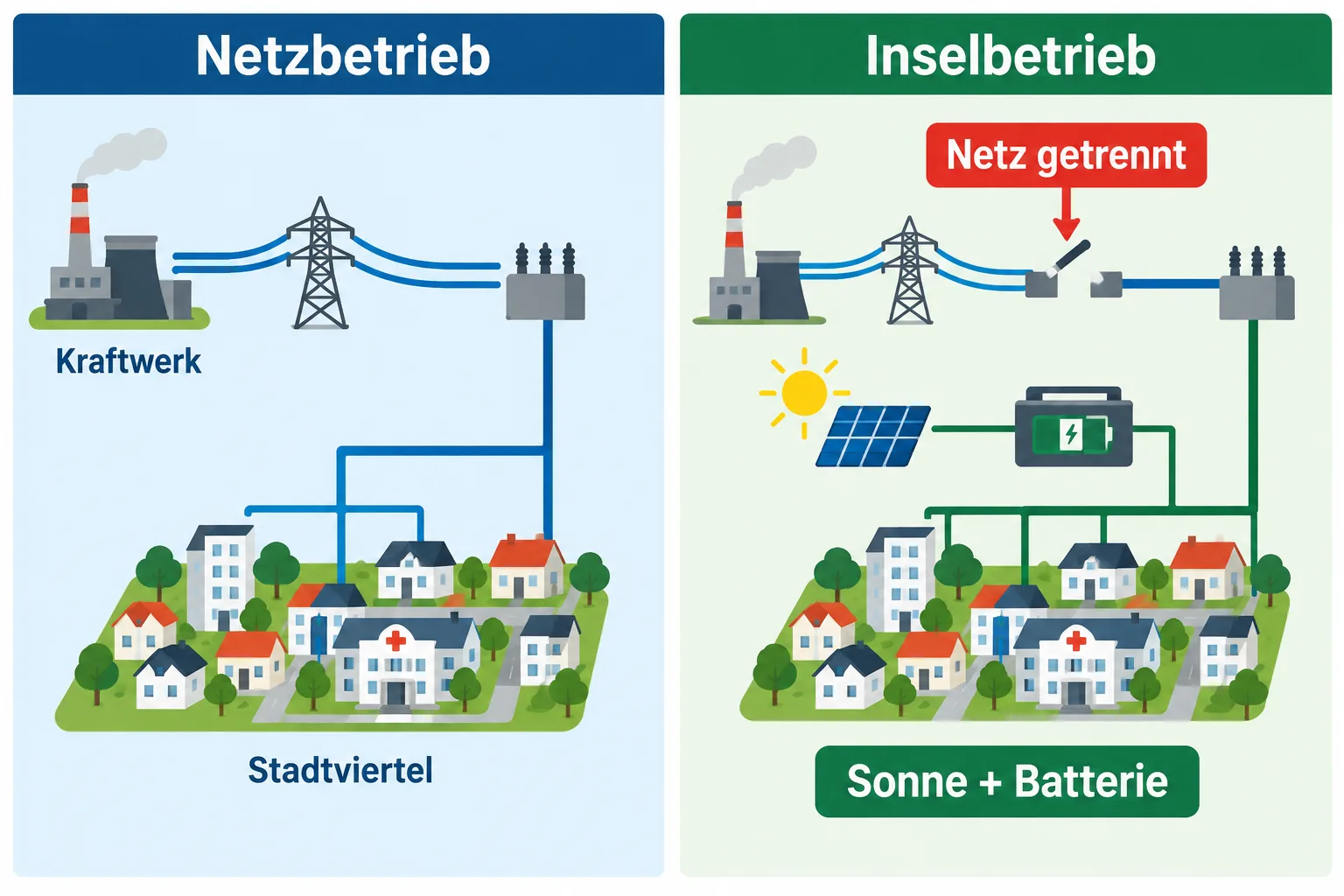 Schema eines Stadtviertels im Netzbetrieb und eines getrennten Inselnetzes mit Sonne und Batterie