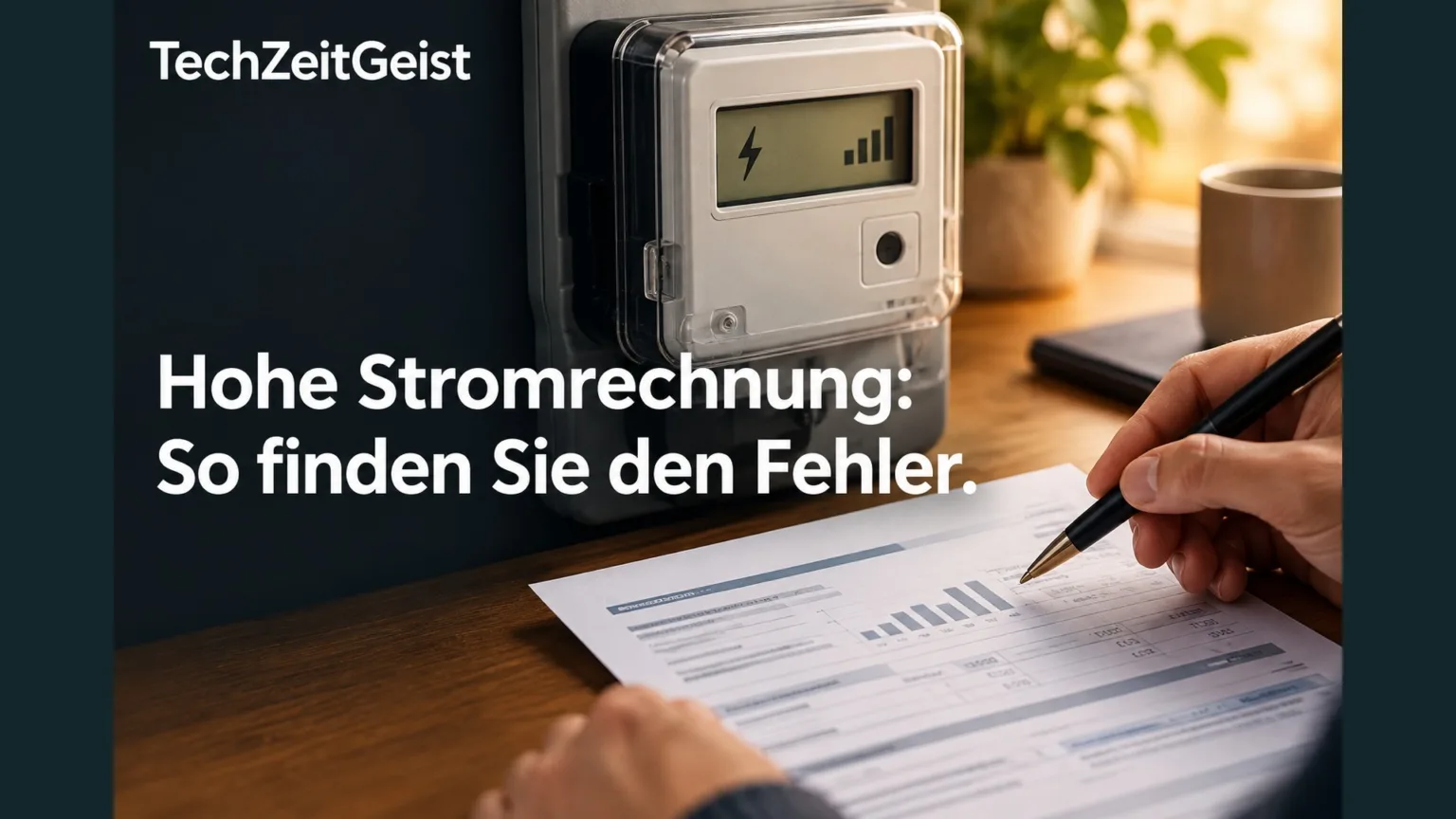 Stromzähler und Rechnung mit Artikelüberschrift.