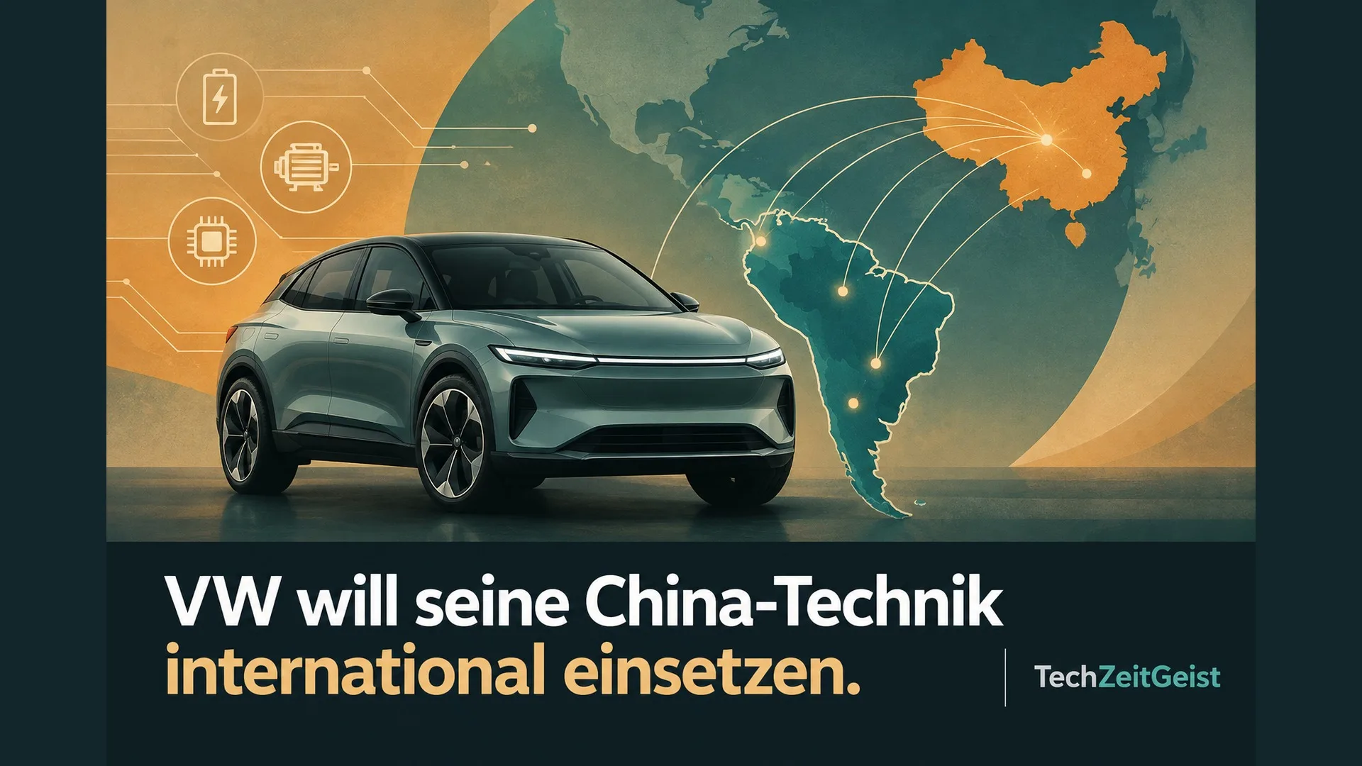 Illustration eines Autos vor einer Karte von China und Südamerika