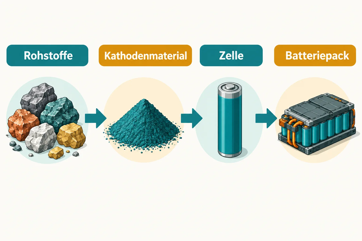 Schema der Lieferkette von Rohstoffen über Kathodenmaterial und Zelle zum Batteriepack