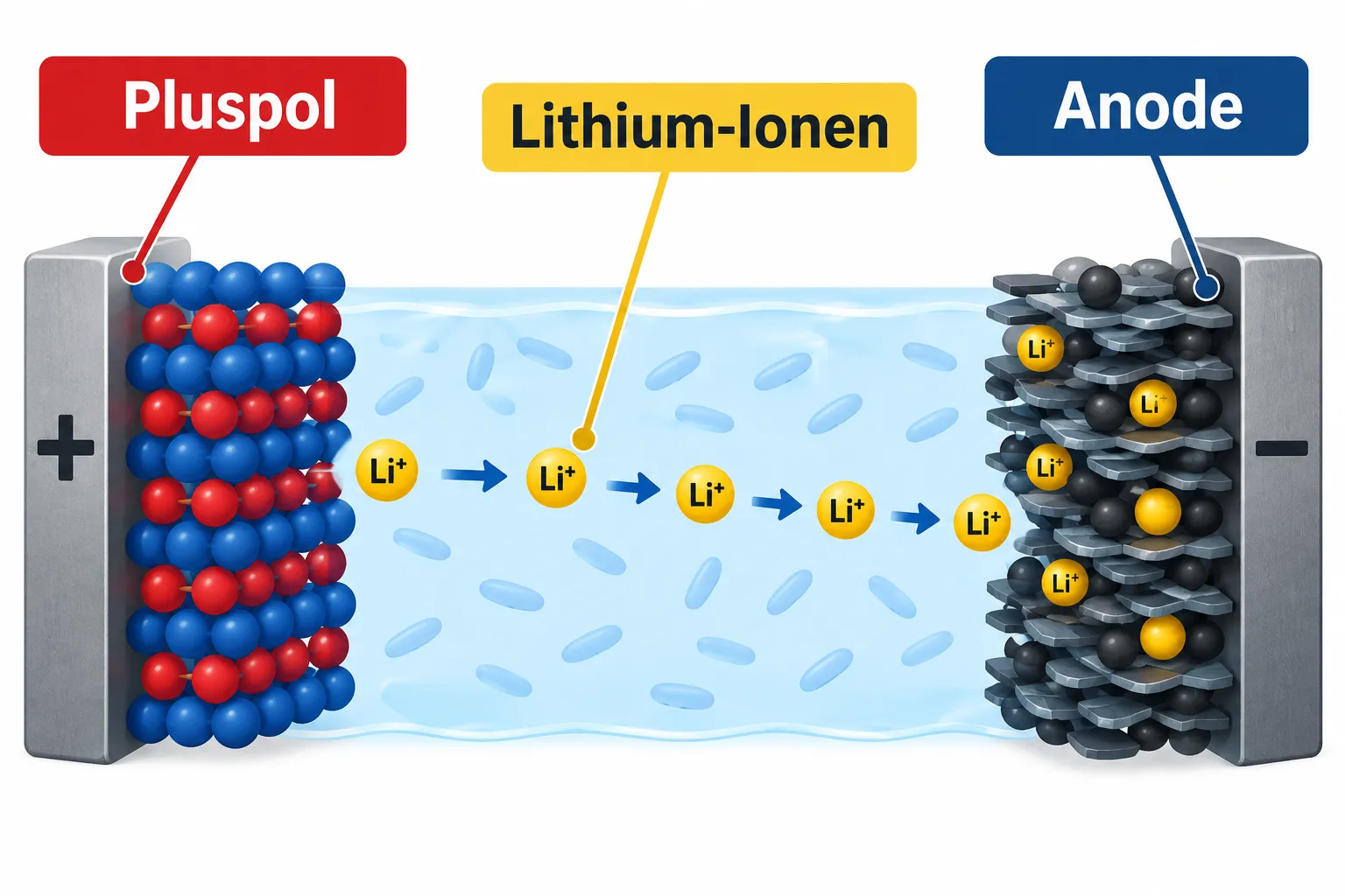 Schematische Akkuzelle mit wandernden Lithium-Ionen und Anode beim Laden