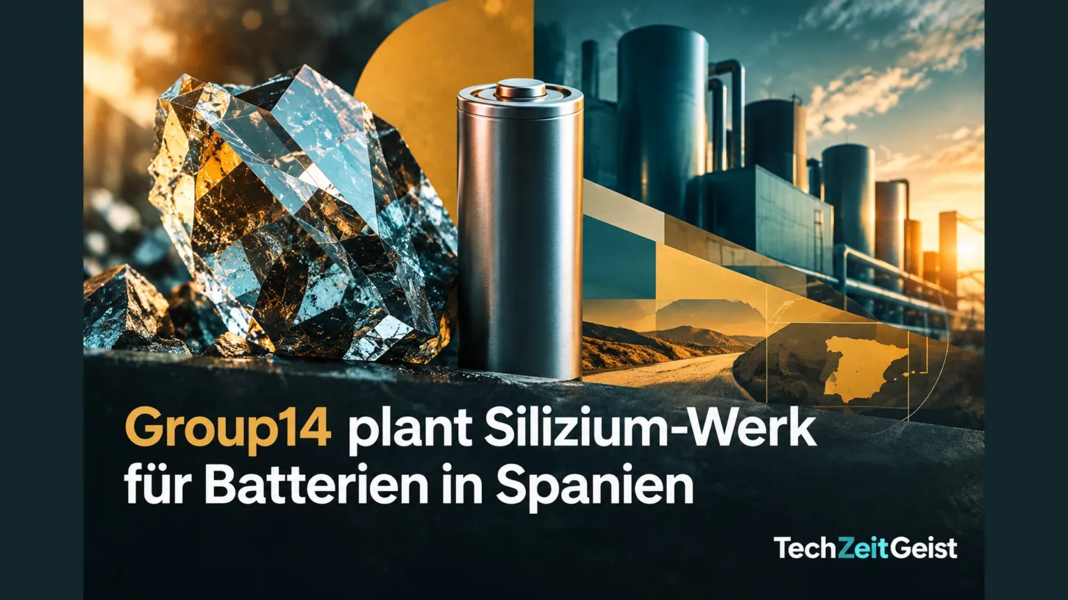 Illustration von Silizium und Batteriezelle vor industriellen Formen