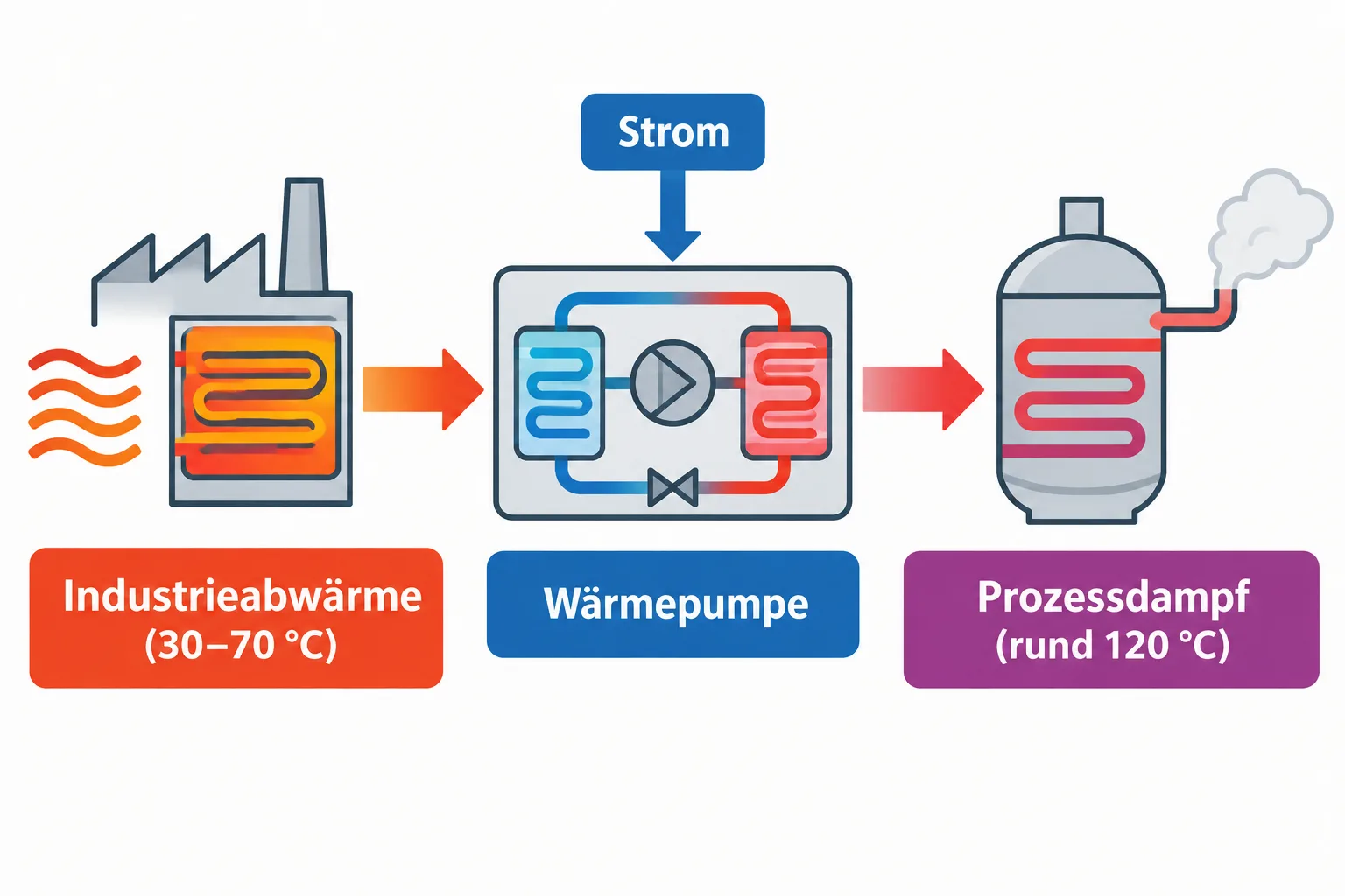 Schema: Industrieabwärme wird mit Strom und Wärmepumpe zu Prozessdampf aufgewertet