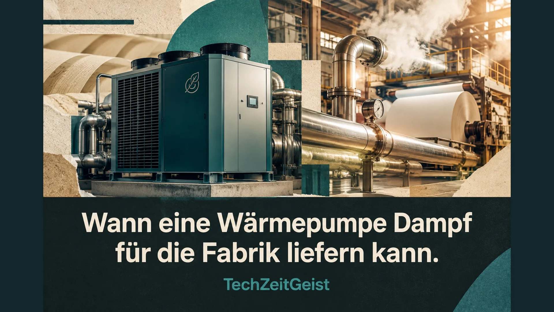 Symbolische Wärmepumpe in einer Papierfabrik mit Artikelüberschrift