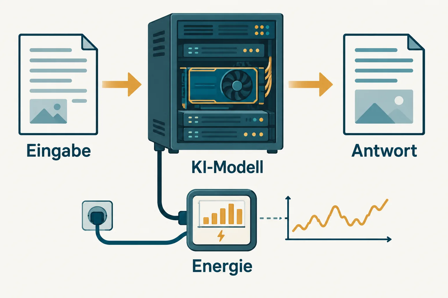 Schematische Eingabe und Antwort an einem KI-Rechner mit angeschlossener Energiemessung