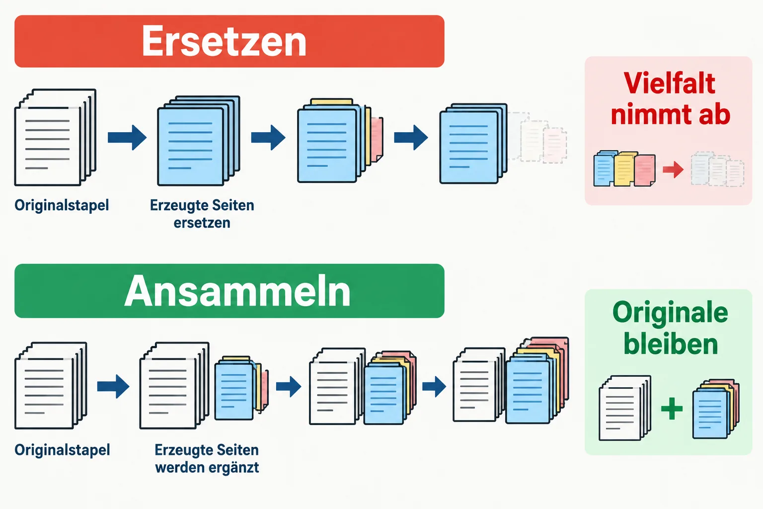 Schema: Ersetzte Originaldaten und angesammelte Daten durchlaufen unterschiedliche Trainingswege