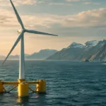 Illustration eines schwimmenden Windrads vor einer Küste