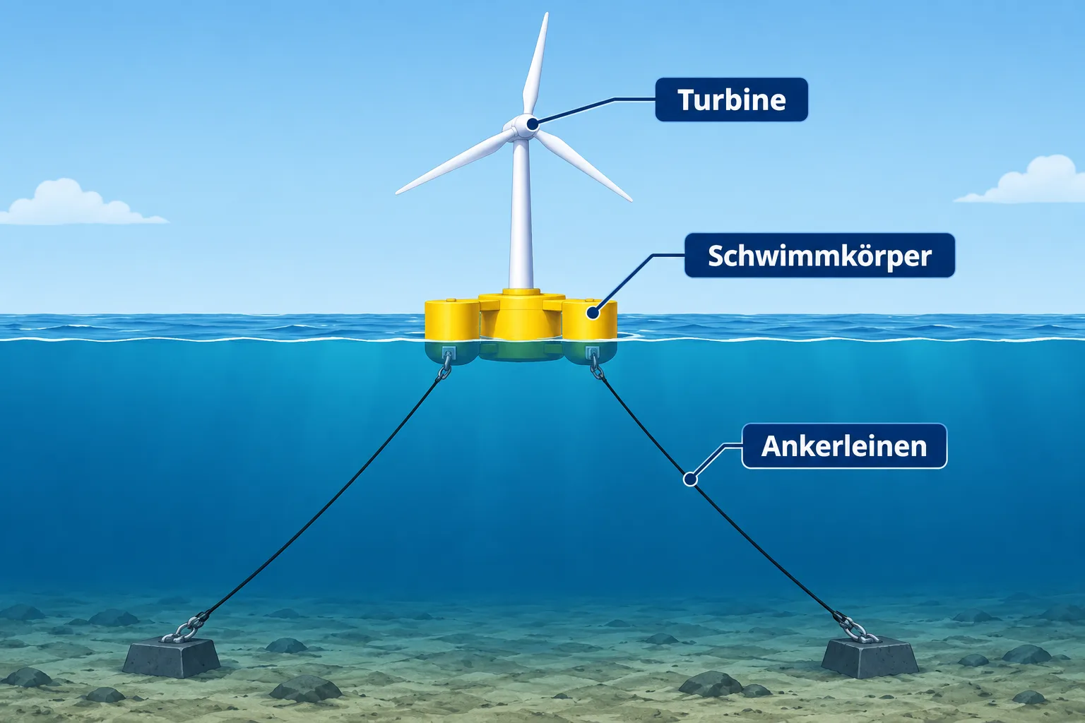Schematische Windturbine auf Schwimmkörper mit Ankerleinen zum Meeresboden