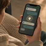 Jugendlicher hält ein Smartphone mit symbolischer Chatoberfläche
