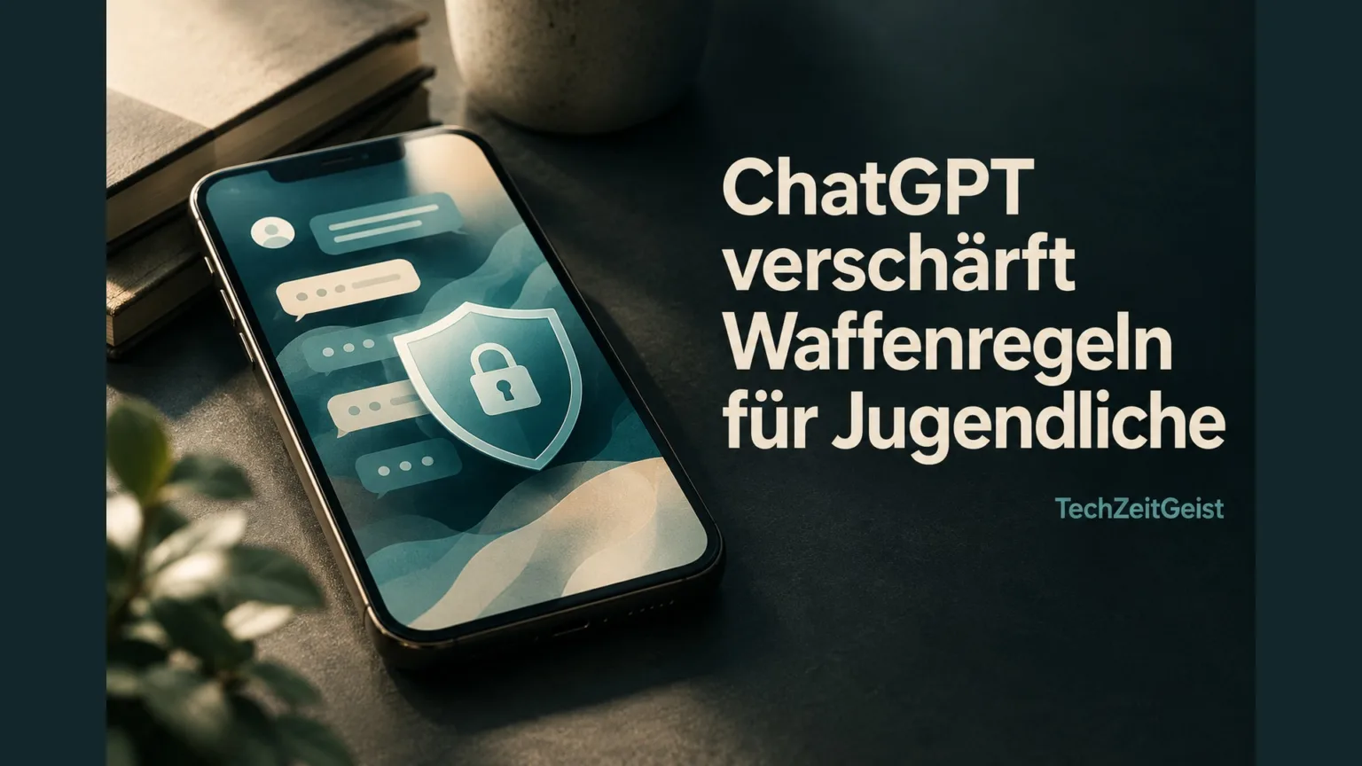 Smartphone mit symbolischer Chatoberfläche und Schutzschild