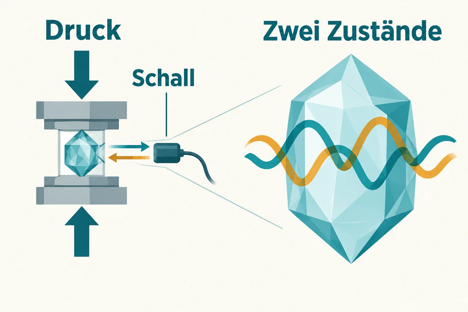 Schematische Darstellung von Druck, Schallmessung und zwei Zuständen im Kristall