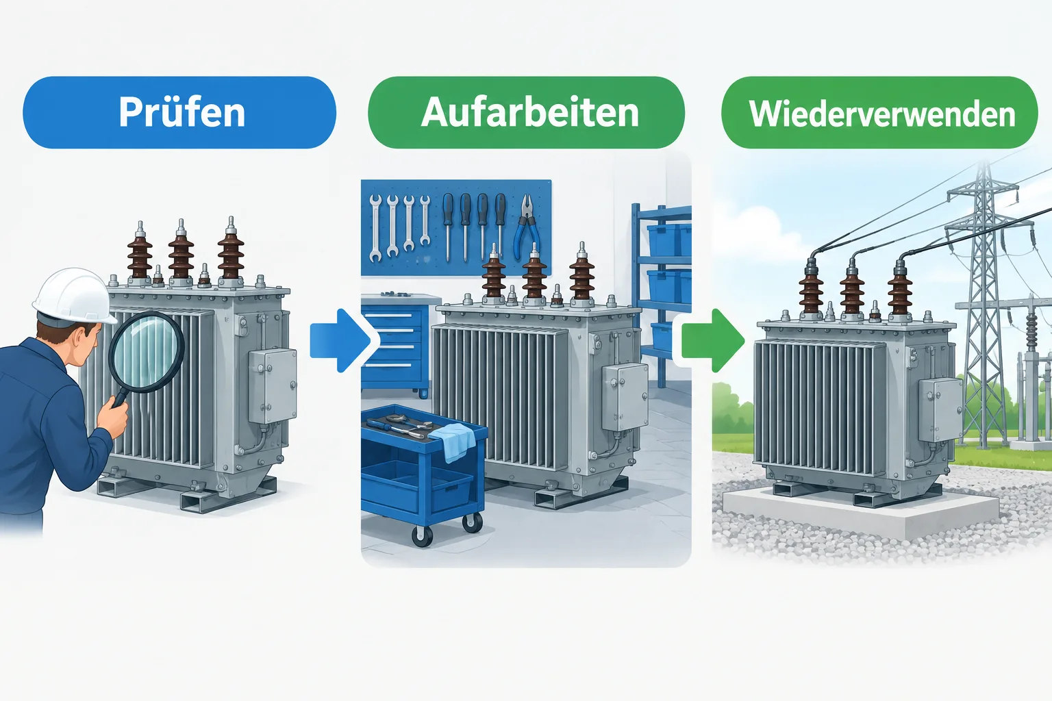 Schematischer Ablauf von Prüfung, Aufarbeitung und Wiederverwendung eines Transformators