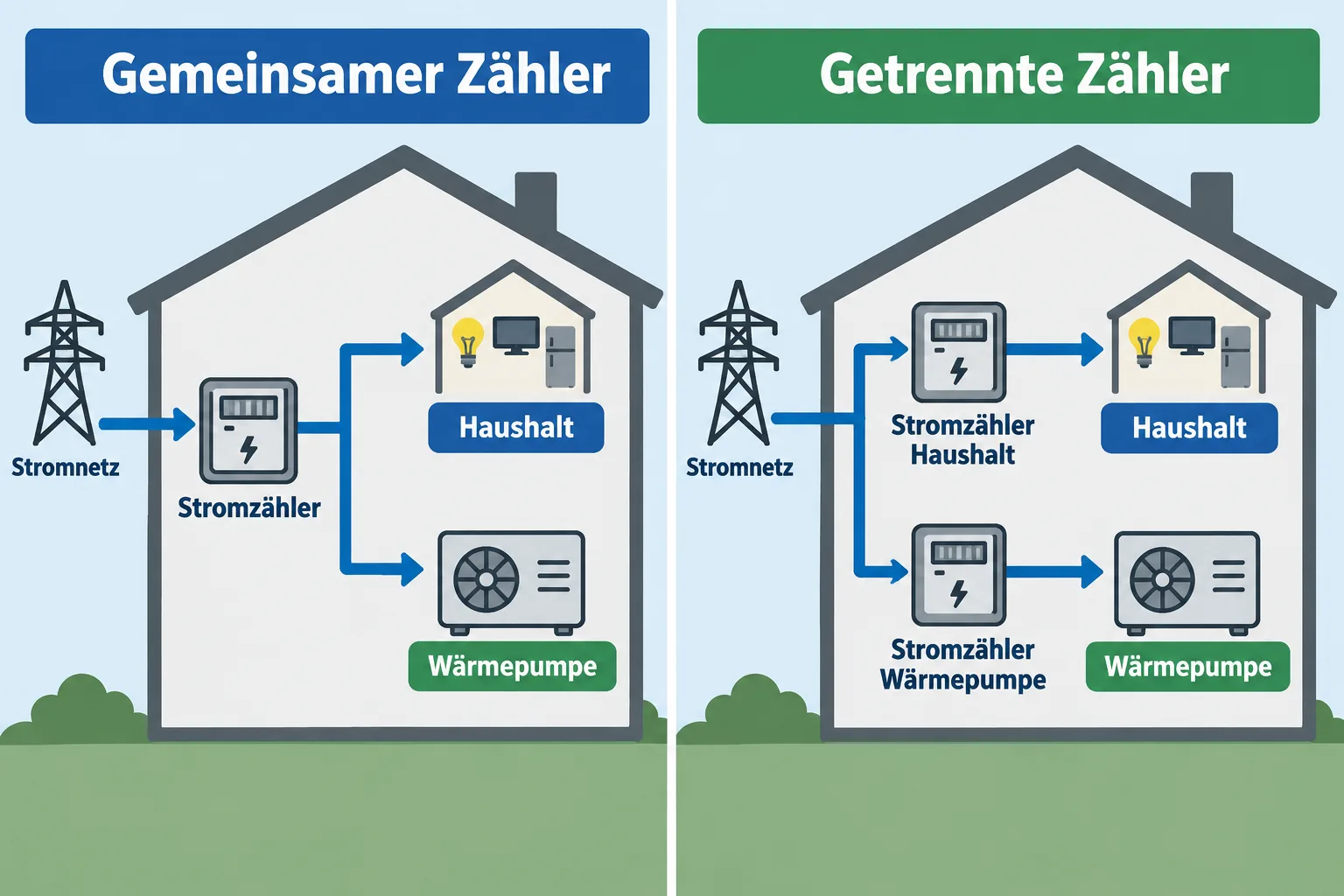 Schema eines gemeinsamen Stromzählers für Haushalt und Wärmepumpe sowie zweier getrennter Zähler