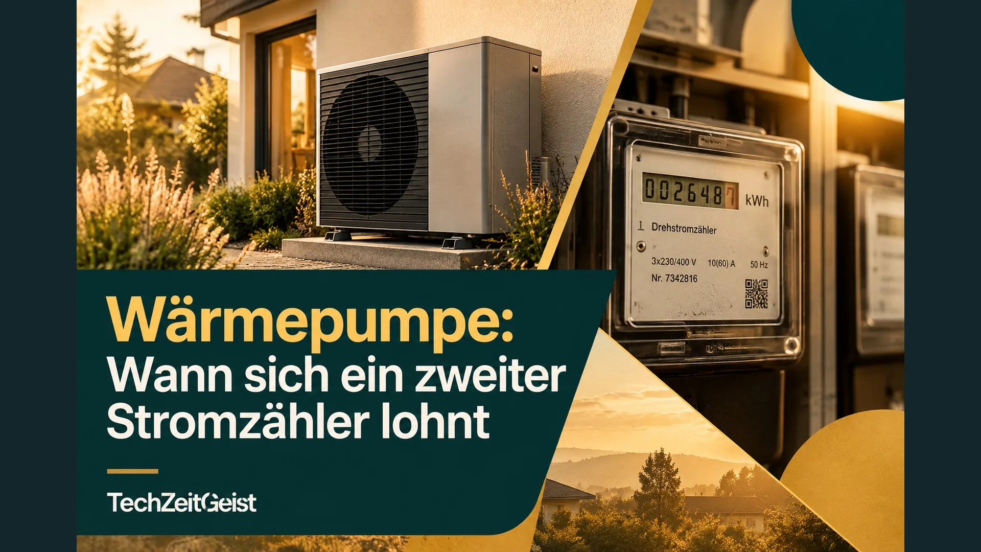 Wärmepumpe und Stromzähler mit Artikelüberschrift