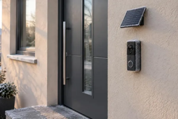Videotürklingel mit kleinem Solarpanel an einer Hauswand neben der Haustür an einem Wintermorgen, Gehäuse und Fensterbank sind mit Raureif bedeckt