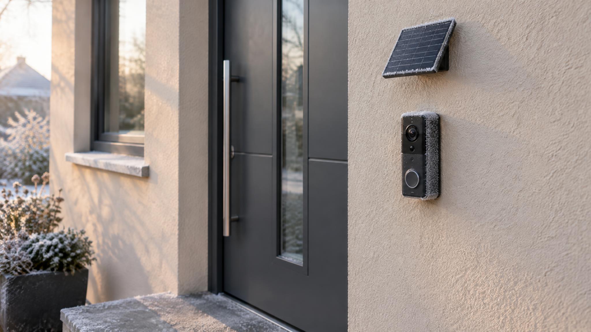 Videotürklingel mit kleinem Solarpanel an einer Hauswand neben der Haustür an einem Wintermorgen, Gehäuse und Fensterbank sind mit Raureif bedeckt