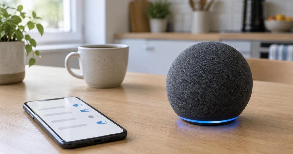 Kugelförmiger Smart Speaker mit blau leuchtendem Ring auf einem Küchentisch, daneben ein Smartphone mit Schaltern für Einstellungen