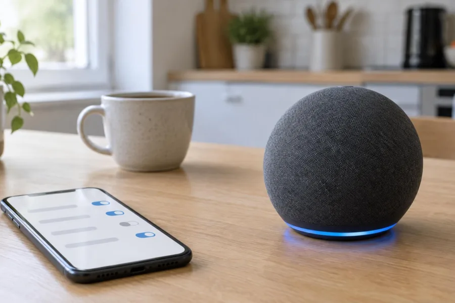 Kugelförmiger Smart Speaker mit blau leuchtendem Ring auf einem Küchentisch, daneben ein Smartphone mit Schaltern für Einstellungen