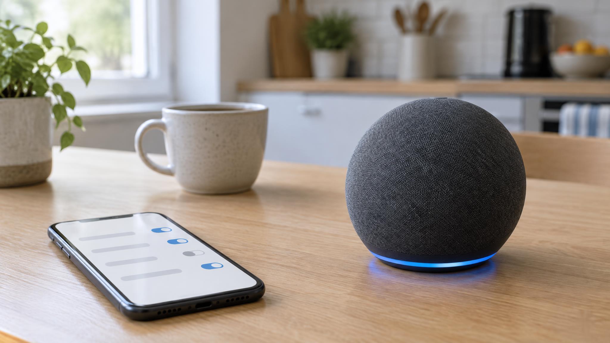 Kugelförmiger Smart Speaker mit blau leuchtendem Ring auf einem Küchentisch, daneben ein Smartphone mit Schaltern für Einstellungen