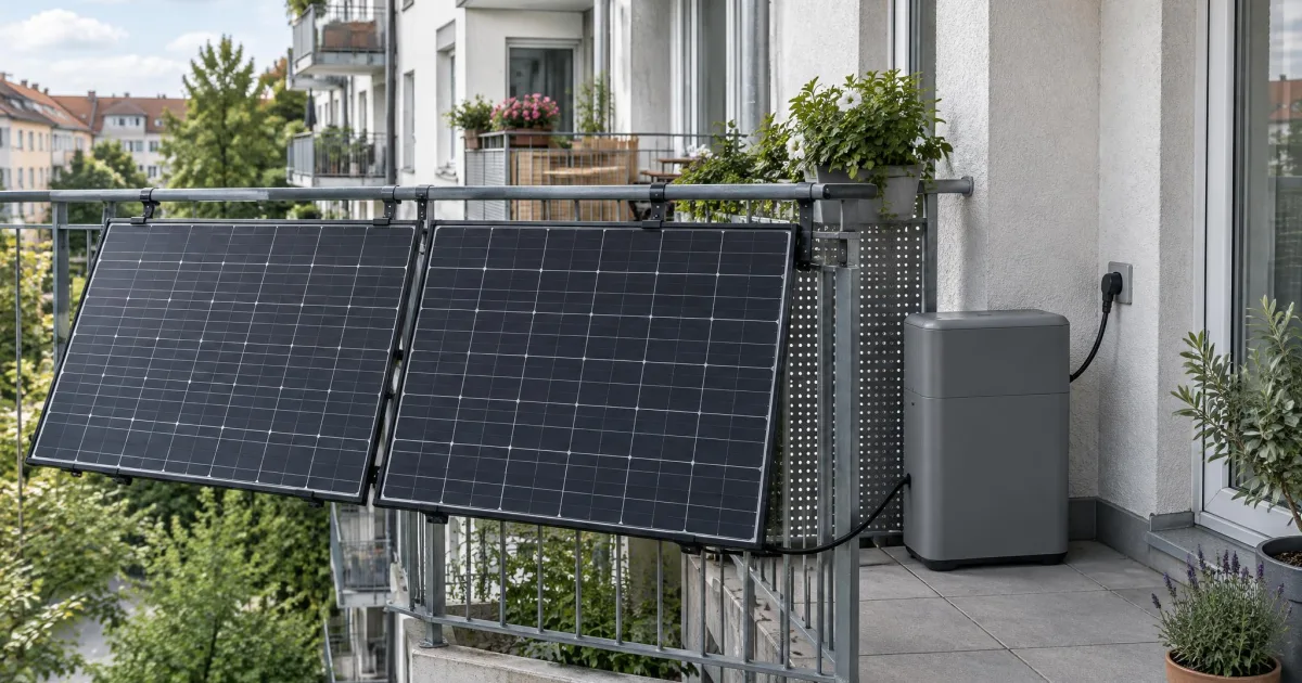 Balkon eines Mehrfamilienhauses mit zwei Solarmodulen am Geländer und einem kompakten grauen Batteriespeicher an der Wand